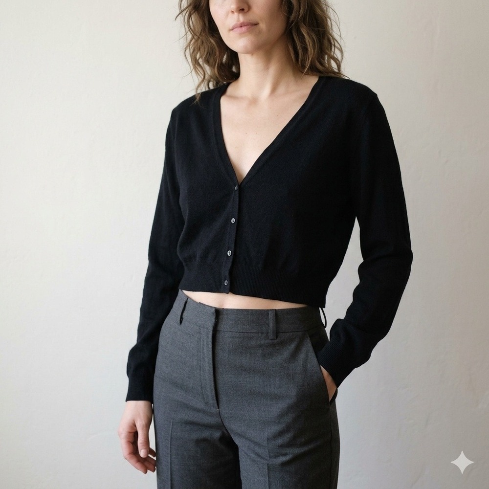 ÉTERNE Cardigan Womens L XL Black 100% Cashmere Crop V-Neck Minimalist Sweater